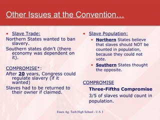 Other Issues at the Convention… Slave Trade: Northern States wanted to ban slavery. Southern states didn’t (there economy was dependent on it). COMPROMISE* : After  20  years, Congress could regulate slavery (if it wanted) Slaves had to be returned to their owner if claimed. Slave Population: Northern  States believe that slaves should NOT be counted in population, because they could not vote. Southern  States thought the opposite. COMPROMISE Three-Fifths Compromise   3/5 of slaves would count in population. 