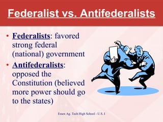 Federalist vs. Antifederalists Federalists : favored strong federal (national) government Antifederalists : opposed the Constitution (believed more power should go to the states) 