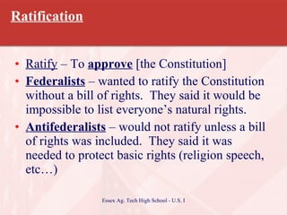 Ratification Ratify  – To  approve  [the Constitution] Federalists  – wanted to ratify the Constitution without a bill of rights.  They said it would be impossible to list everyone’s natural rights. Antifederalists  – would not ratify unless a bill of rights was included.  They said it was needed to protect basic rights (religion speech, etc…) 