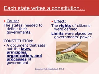 Each state writes a constitution… Cause: The states’ needed to define their governments.  CONSTITUTION: - A document that sets out the  laws, principles, organization, and processes  of government. Effect: The  rights  of citizens were defined. Limits  were placed on governments’ power. 