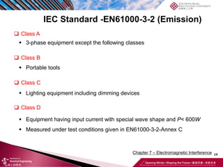 19
Chapter 7 – Electromagnetic Interference
IEC Standard -EN61000-3-2 (Emission)
❑ Class A
▪ 3-phase equipment except the following classes
❑ Class B
▪ Portable tools
❑ Class C
▪ Lighting equipment including dimming devices
❑ Class D
▪ Equipment having input current with special wave shape and P< 600W
▪ Measured under test conditions given in EN61000-3-2-Annex C
 