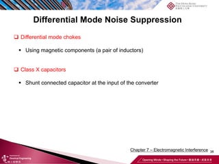 35
Chapter 7 – Electromagnetic Interference
Differential Mode Noise Suppression
❑ Differential mode chokes
▪ Using magnetic components (a pair of inductors)
❑ Class X capacitors
▪ Shunt connected capacitor at the input of the converter
 