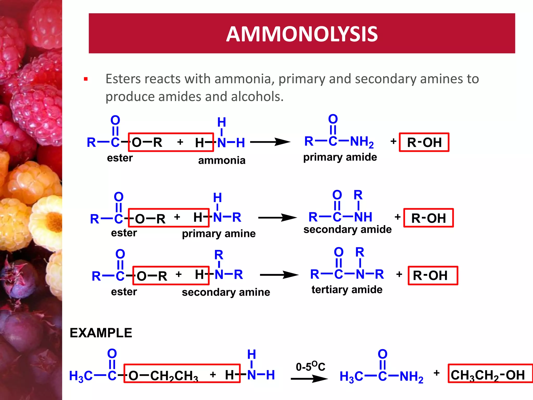 AMMONOLYSIS
Esters reacts with ammonia, primary and secondary amines to
produce amides and alcohols.



O
R

C O R
ester

H N H

R

ammonia

primary amide

O
R

C O R
ester

C O R
ester

C NH2

R OH

O R

H
R

H N R

C NH

primary amine

secondary amide

R

R OH

O R

O
R

O

H

R

H N R
secondary amine

C N R

R OH

tertiary amide

EXAMPLE
O
H3C

C O CH2CH3

H
H N H

O

O

0-5 C

H3C

C NH2

CH3CH2 OH

 