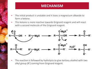 MECHANISM



The initial product is unstable and it loses a magnesium alkoxide to
form a ketone.
This ketone is more reactive towards Grignard reagent and will react
with a second molecule of the Grignard reagent.
O MgX

O
R

C

OR

R'

MgX

R

C

O

OR

R

C

R'

R'
O
R

C

O MgX
R'

R'

MgX

R

C
R'



R'

OH

H3O+
R

C
R'

The reaction is followed by hydrolysis to give tertiary alcohol with two
alkyl group (R’) coming from Grignard reagent.

R'

 