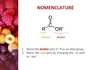 NOMENCLATURE

Acid part

Alcohol

1. Name the alcohol part 1st. R as an alkyl group.
2. Name the acid part by changing the ‘-ic acid’
to ‘-ate’.

 