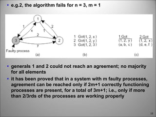 18
 e.g.2, the algorithm fails for n = 3, m = 1
 generals 1 and 2 could not reach an agreement; no majority
for all elements
 it has been proved that in a system with m faulty processes,
agreement can be reached only if 2m+1 correctly functioning
processes are present, for a total of 3m+1; i.e., only if more
than 2/3rds of the processes are working properly
 