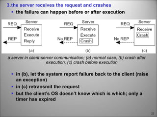 22
3.the server receives the request and crashes
 the failure can happen before or after execution
a server in client-server communication; (a) normal case, (b) crash after
execution, (c) crash before execution
 in (b), let the system report failure back to the client (raise
an exception)
 in (c) retransmit the request
 but the client’s OS doesn’t know which is which; only a
timer has expired
 