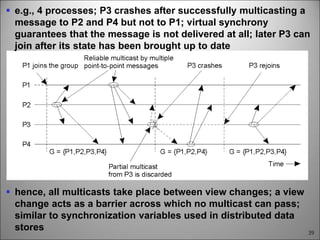 39
 e.g., 4 processes; P3 crashes after successfully multicasting a
message to P2 and P4 but not to P1; virtual synchrony
guarantees that the message is not delivered at all; later P3 can
join after its state has been brought up to date
 hence, all multicasts take place between view changes; a view
change acts as a barrier across which no multicast can pass;
similar to synchronization variables used in distributed data
stores
 