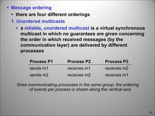40
 Message ordering
 there are four different orderings
1. Unordered multicasts
 a reliable, unordered multicast is a virtual synchronous
multicast in which no guarantees are given concerning
the order in which received messages (by the
communication layer) are delivered by different
processes
three communicating processes in the same group; the ordering
of events per process is shown along the vertical axis
Process P1 Process P2 Process P3
sends m1 receives m1 receives m2
sends m2 receives m2 receives m1
 