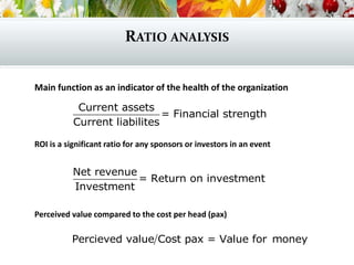 RATIO ANALYSIS
Main function as an indicator of the health of the organization
ROI is a significant ratio for any sponsors or investors in an event
Perceived value compared to the cost per head (pax)
Current assets
= Financial strength
Current liabilites
Net revenue
= Return on investment
Investment
Percieved value Cost pax = Value for money
 