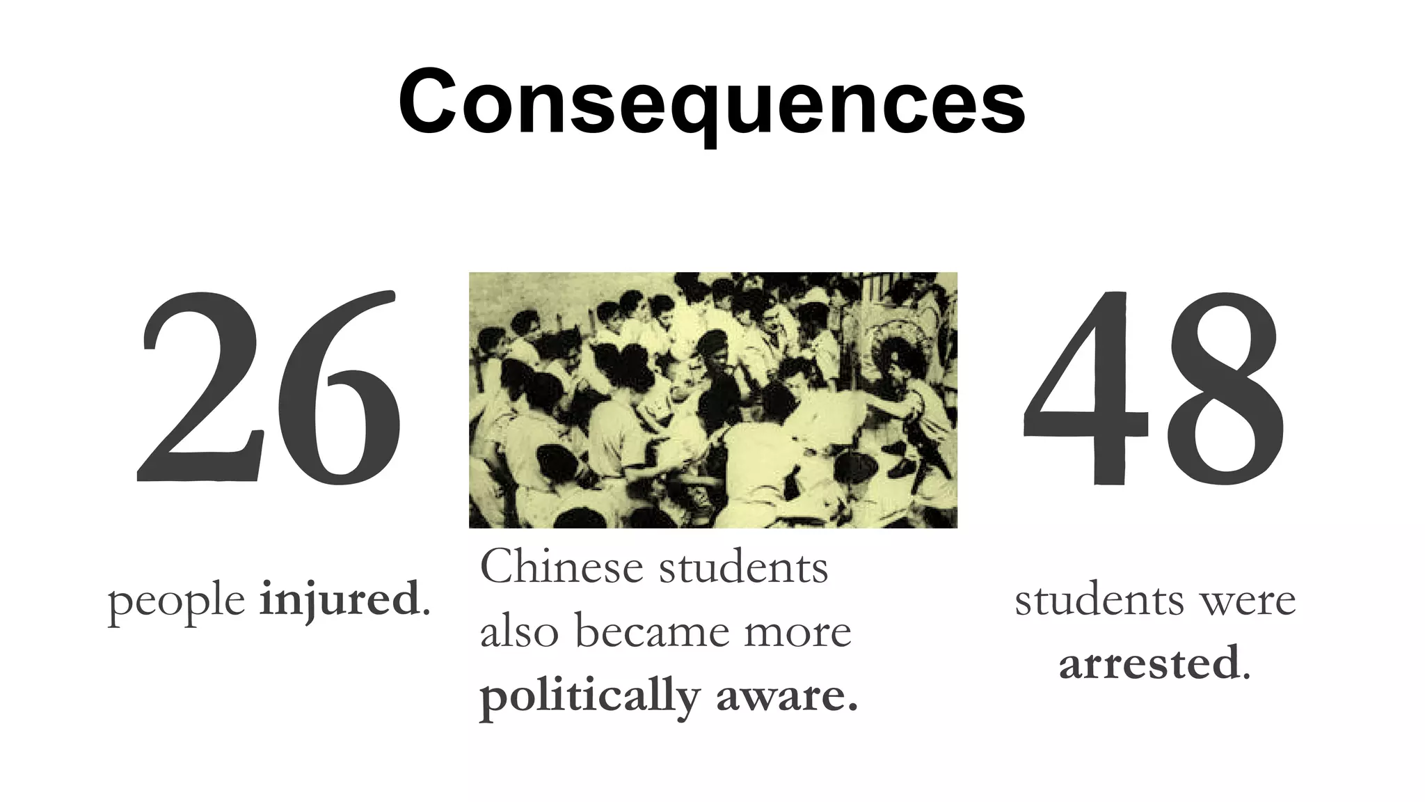 Consequences
48students were
arrested.
Chinese students
also became more
politically aware.
26people injured.
 