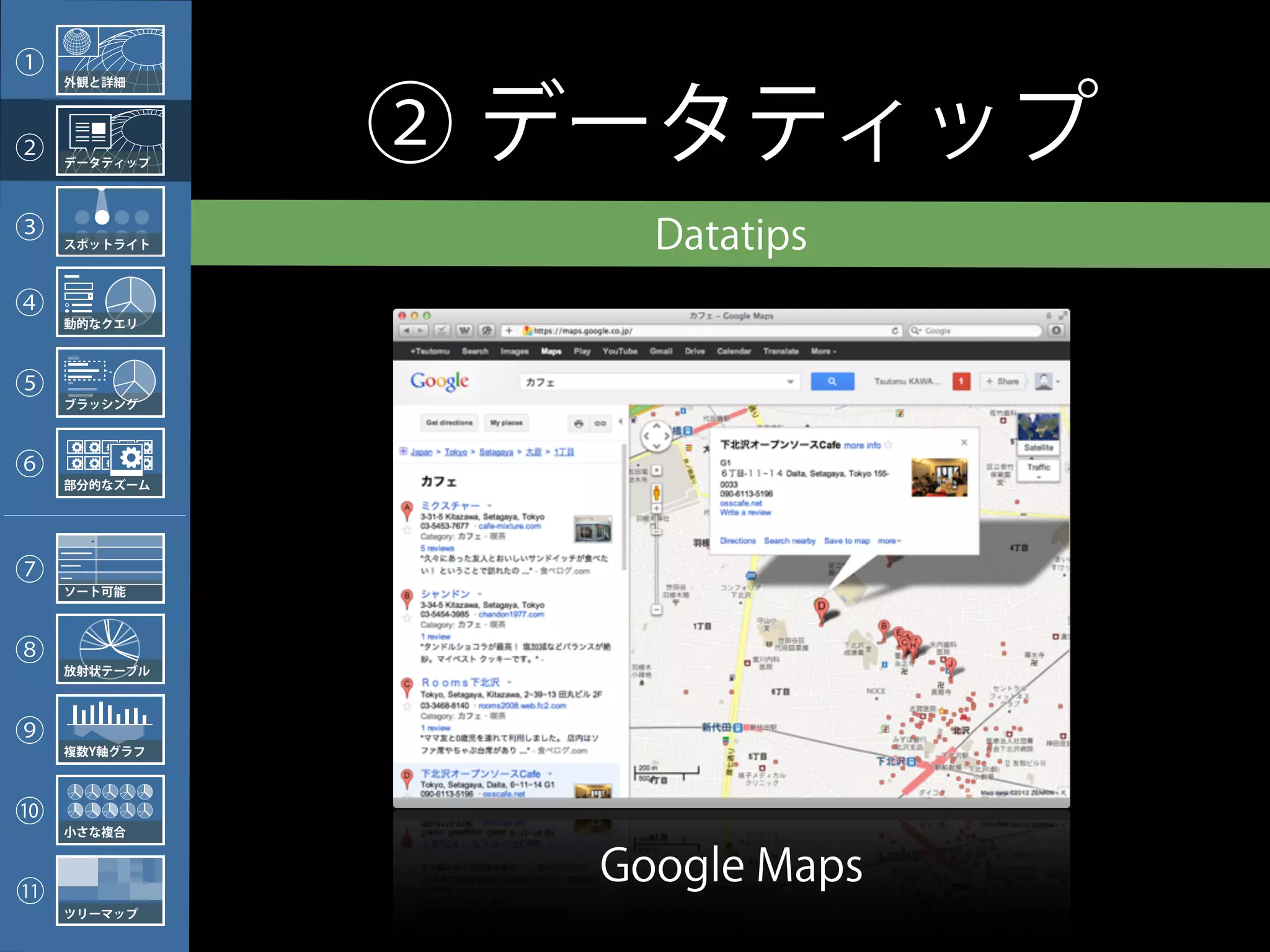 ①    外観と詳細




②    データティップ
               ② データティップ
③    スポットライト       Datatips
④    動的なクエリ




⑤    ブラッシング




⑥    部分的なズーム




⑦
     ソート可能




⑧    放射状テーブル




⑨    複数Y軸グラフ




⑩    小さな複合



11
                 Google Maps
     ツリーマップ
 