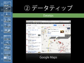①    外観と詳細




②    データティップ
               ② データティップ
③    スポットライト       Datatips
④    動的なクエリ




⑤    ブラッシング




⑥    部分的なズーム




⑦
     ソート可能




⑧    放射状テーブル




⑨    複数Y軸グラフ




⑩    小さな複合



11
                 Google Maps
     ツリーマップ
 