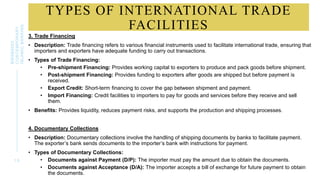 TYPES OF INTERNATIONAL TRADE
FACILITIES
3. Trade Financing
• Description: Trade financing refers to various financial instruments used to facilitate international trade, ensuring that
importers and exporters have adequate funding to carry out transactions.
• Types of Trade Financing:
• Pre-shipment Financing: Provides working capital to exporters to produce and pack goods before shipment.
• Post-shipment Financing: Provides funding to exporters after goods are shipped but before payment is
received.
• Export Credit: Short-term financing to cover the gap between shipment and payment.
• Import Financing: Credit facilities to importers to pay for goods and services before they receive and sell
them.
• Benefits: Provides liquidity, reduces payment risks, and supports the production and shipping processes.
4. Documentary Collections
• Description: Documentary collections involve the handling of shipping documents by banks to facilitate payment.
The exporter’s bank sends documents to the importer’s bank with instructions for payment.
• Types of Documentary Collections:
• Documents against Payment (D/P): The importer must pay the amount due to obtain the documents.
• Documents against Acceptance (D/A): The importer accepts a bill of exchange for future payment to obtain
the documents.
1 0
BWSB5053
CONTEMPORARY
ISLAMIC
BANKING
 