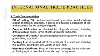 INTERNATIONAL TRADE PRACTICES
1. Trade Documentation
• Bill of Lading (B/L): A document issued by a carrier to acknowledge
receipt of cargo for shipment. It serves as a receipt, a document of title,
and a contract for the carriage of goods.
• Commercial Invoice: An itemized list of goods shipped, including
details such as prices, terms of sale, and other particulars.
• Certificate of Origin: A document declaring the country of origin of the
goods being exported.
• Packing List: A detailed list of the contents of a shipment, including
the quantity, description, and weight of each item.
• Insurance Certificate: Proof of insurance coverage for the shipment,
protecting against potential loss or damage during transit.
1 4
BWSB5053
CONTEMPORARY
ISLAMIC
BANKING
 