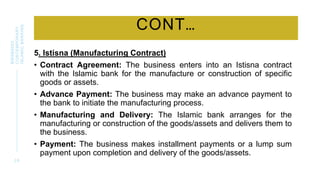 CONT…
5. Istisna (Manufacturing Contract)
• Contract Agreement: The business enters into an Istisna contract
with the Islamic bank for the manufacture or construction of specific
goods or assets.
• Advance Payment: The business may make an advance payment to
the bank to initiate the manufacturing process.
• Manufacturing and Delivery: The Islamic bank arranges for the
manufacturing or construction of the goods/assets and delivers them to
the business.
• Payment: The business makes installment payments or a lump sum
payment upon completion and delivery of the goods/assets.
2 6
BWSB5053
CONTEMPORARY
ISLAMIC
BANKING
 