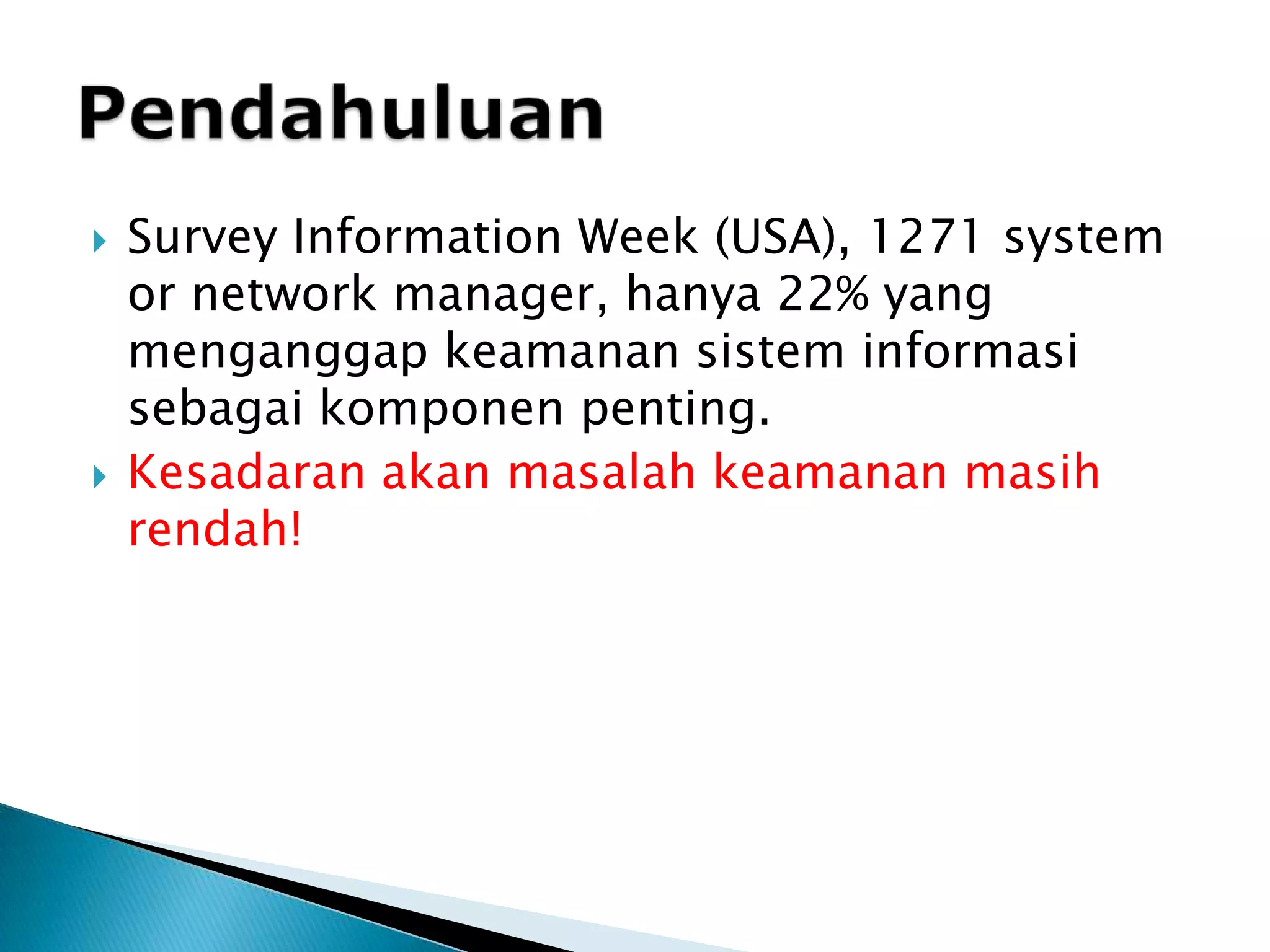Survey Information Week (USA), 1271 system or network manager, hanya 22% yang menganggap keamanan sistem informasi sebagai komponen penting.Kesadaran akan masalah keamanan masih rendah!Pendahuluan