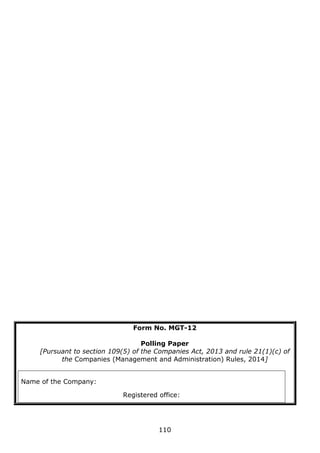 110
Form No. MGT-12
Polling Paper
[Pursuant to section 109(5) of the Companies Act, 2013 and rule 21(1)(c) of
the Companies (Management and Administration) Rules, 2014]
Name of the Company:
Registered office:
 