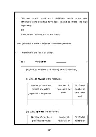 114
3. The poll papers, which were incomplete and/or which were
otherwise found defective have been treated as invalid and kept
separately.
OR
I/We did not find any poll papers invalid.
* Not applicable if there is only one scrutinizer appointed.
4. The result of the Poll is as under:
(a) Resolution _______ -
________________________________________
(Reproduce Item No. and heading of the Resolution)
(i) Voted in favour of the resolution:
(ii) Voted against the resolution:
Number of members
present and voting
Number of
votes cast by
% of total
number of
Number of members
present and voting
(in person or by proxy)
Number of
votes cast by
them
% of total
number of
valid votes
cast
 