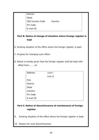 45
District
State
ISO Country Code Country
Pin Code
E-mail ID
Part B: Notice of change of situation where foreign register is
kept
6. Existing situation of the office where the foreign register is kept:
7. Purpose for changing such office:
8. Notice is hereby given that the foreign register shall be kept with
effect from……… at:
Address Line I
Line II
City
District
State
Country
Pin Code
E-mail ID
Part C: Notice of discontinuance of maintenance of foreign
register
9. Existing situation of the office where the foreign register is kept:
10. Reason for such discontinuance:
 