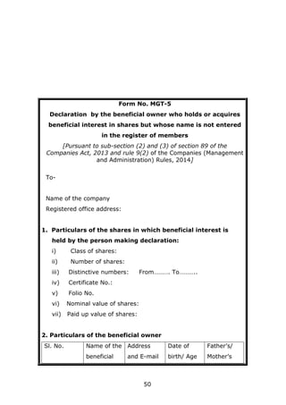 50
Form No. MGT-5
Declaration by the beneficial owner who holds or acquires
beneficial interest in shares but whose name is not entered
in the register of members
[Pursuant to sub-section (2) and (3) of section 89 of the
Companies Act, 2013 and rule 9(2) of the Companies (Management
and Administration) Rules, 2014]
To-
Name of the company
Registered office address:
1. Particulars of the shares in which beneficial interest is
held by the person making declaration:
i) Class of shares:
ii) Number of shares:
iii) Distinctive numbers: From………. To………..
iv) Certificate No.:
v) Folio No.
vi) Nominal value of shares:
vii) Paid up value of shares:
2. Particulars of the beneficial owner
Sl. No. Name of the
beneficial
Address
and E-mail
Date of
birth/ Age
Father’s/
Mother’s
 