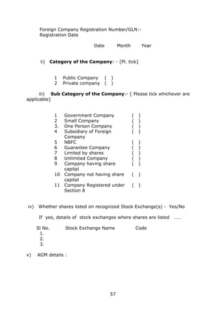 57
Foreign Company Registration Number/GLN:-
Registration Date
Date Month Year
ii) Category of the Company: - [Pl. tick]
1 Public Company ( )
2 Private company ( )
iii) Sub Category of the Company:- [ Please tick whichever are
applicable]
1 Government Company ( )
2 Small Company ( )
3. One Person Company ( )
4 Subsidiary of Foreign
Company
( )
5 NBFC ( )
6 Guarantee Company ( )
7 Limited by shares ( )
8 Unlimited Company ( )
9 Company having share
capital
( )
10 Company not having share
capital
( )
11 Company Registered under
Section 8
( )
iv) Whether shares listed on recognized Stock Exchange(s) - Yes/No
If yes, details of stock exchanges where shares are listed ……
Sl No. Stock Exchange Name Code
1.
2.
3.
v) AGM details :
 