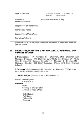 76
Type of Security 1. Equity Shares 2. Preference
Shares 3. Debentures
Number of Nominal Value (each in Rs)
shares/debenture .
Ledger Folio of Transferor:
Transferor’s Name
Ledger Folio of Transferee:
Transferee’s Name
(Information to be furnished in separate sheet or in electronic mode as
per the format)
IX. PROMOTERS/DIRECTORS / KEY MANAGERIAL PERSONNEL AND
CHANGES THEREIN
[ Designation:- P- Promoter, C – Chairman, CMD- Chairman cum
Managing Director, CW-Chairman cum Whole time Director W –Whole
Time Director, CS –Company Secretary, M –Manager, D –Director, MD –
Managing Director, CEO-Chief Executive Officer, CFO-Chief Financial
Officer]
[ Category:- I- Independent, N- Nominee, A- Alternate, ED-Executive
Director, NED- Non-Executive Director ]
1] Promoter(s): [Give total no. of Promoters - □]
Status: Company/ies:
CIN / GIN -
PREFILL
Name
Country of Incorporation
Address of Regd Office
Individual/s
Full Name
Nationality
Address
 