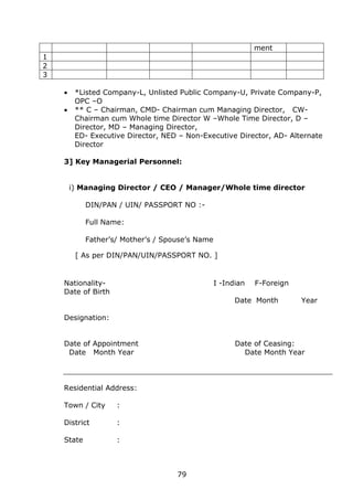 79
ment
1
2
3
 *Listed Company-L, Unlisted Public Company-U, Private Company-P,
OPC –O
 ** C – Chairman, CMD- Chairman cum Managing Director, CW-
Chairman cum Whole time Director W –Whole Time Director, D –
Director, MD – Managing Director,
ED- Executive Director, NED – Non-Executive Director, AD- Alternate
Director
3] Key Managerial Personnel:
i) Managing Director / CEO / Manager/Whole time director
DIN/PAN / UIN/ PASSPORT NO :-
Full Name:
Father’s/ Mother’s / Spouse’s Name
[ As per DIN/PAN/UIN/PASSPORT NO. ]
Nationality- I -Indian F-Foreign
Date of Birth
Date Month Year
Designation:
Date of Appointment Date of Ceasing:
Date Month Year Date Month Year
Residential Address:
Town / City :
District :
State :
 