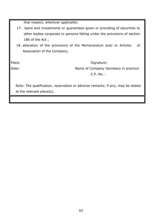 93
that respect, wherever applicable;
17. loans and investments or guarantees given or providing of securities to
other bodies corporate or persons falling under the provisions of section
186 of the Act ;
18. alteration of the provisions of the Memorandum and/ or Articles of
Association of the Company;
Place: Signature:
Date: Name of Company Secretary in practice:
C.P. No. :
Note: The qualification, reservation or adverse remarks; if any, may be stated
at the relevant place(s).
 