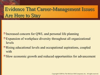 Evidence That CCaarreeeerr--MMaannaaggeemmeenntt IIssssuueess 
AArree HHeerree ttoo SSttaayy 
 Increased concern for QWL and personal life planning 
 Expansion of workplace diversity throughout all organizational 
levels 
 Rising educational levels and occupational aspirations, coupled 
with 
 Slow economic growth and reduced opportunities for advancement 
Copyright © 2003 by The McGraw-Hill Companies, Inc. All rights reserved. 
 