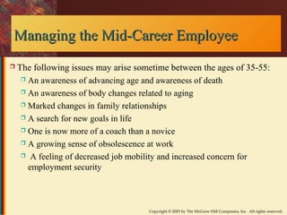 Managing tthhee MMiidd--CCaarreeeerr EEmmppllooyyeeee 
 The following issues may arise sometime between the ages of 35-55: 
 An awareness of advancing age and awareness of death 
 An awareness of body changes related to aging 
 Marked changes in family relationships 
 A search for new goals in life 
 One is now more of a coach than a novice 
 A growing sense of obsolescence at work 
 A feeling of decreased job mobility and increased concern for 
employment security 
Copyright © 2003 by The McGraw-Hill Companies, Inc. All rights reserved. 
 
