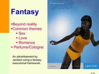 Beyond reality
Common themes
 Sex
 Love
 Romance
 Perfume/Cologne
An advertisement by
Jantzen using a fantasy
executional framework.
Fantasy
 