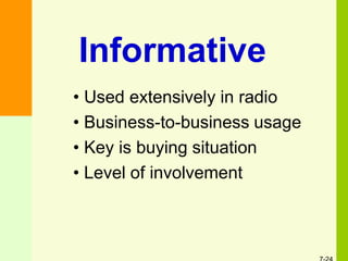 • Used extensively in radio
• Business-to-business usage
• Key is buying situation
• Level of involvement
Informative
 