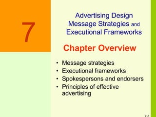 Chapter Overview
• Message strategies
• Executional frameworks
• Spokespersons and endorsers
• Principles of effective
advertising
Advertising Design
Message Strategies and
Executional Frameworks
7
 