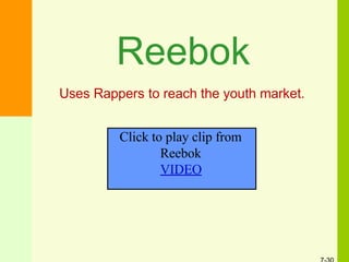 Reebok
Uses Rappers to reach the youth market.
Click to play clip from
Reebok
VIDEO
 