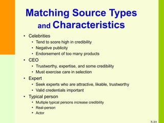 • Celebrities
• Tend to score high in credibility
• Negative publicity
• Endorsement of too many products
• CEO
• Trustworthy, expertise, and some credibility
• Must exercise care in selection
• Expert
• Seek experts who are attractive, likable, trustworthy
• Valid credentials important
• Typical person
• Multiple typical persons increase credibility
• Real-person
• Actor
Matching Source Types
and Characteristics
 