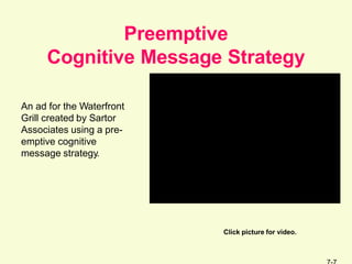 Preemptive
Cognitive Message Strategy
An ad for the Waterfront
Grill created by Sartor
Associates using a pre-
emptive cognitive
message strategy.
Click picture for video.
 