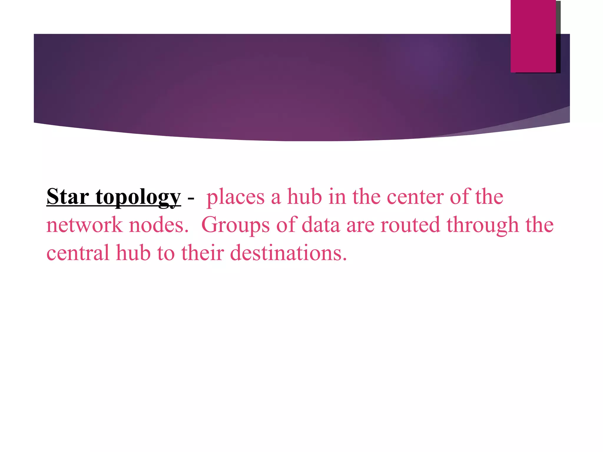 Star topology - places a hub in the center of the
network nodes. Groups of data are routed through the
central hub to their destinations.

 