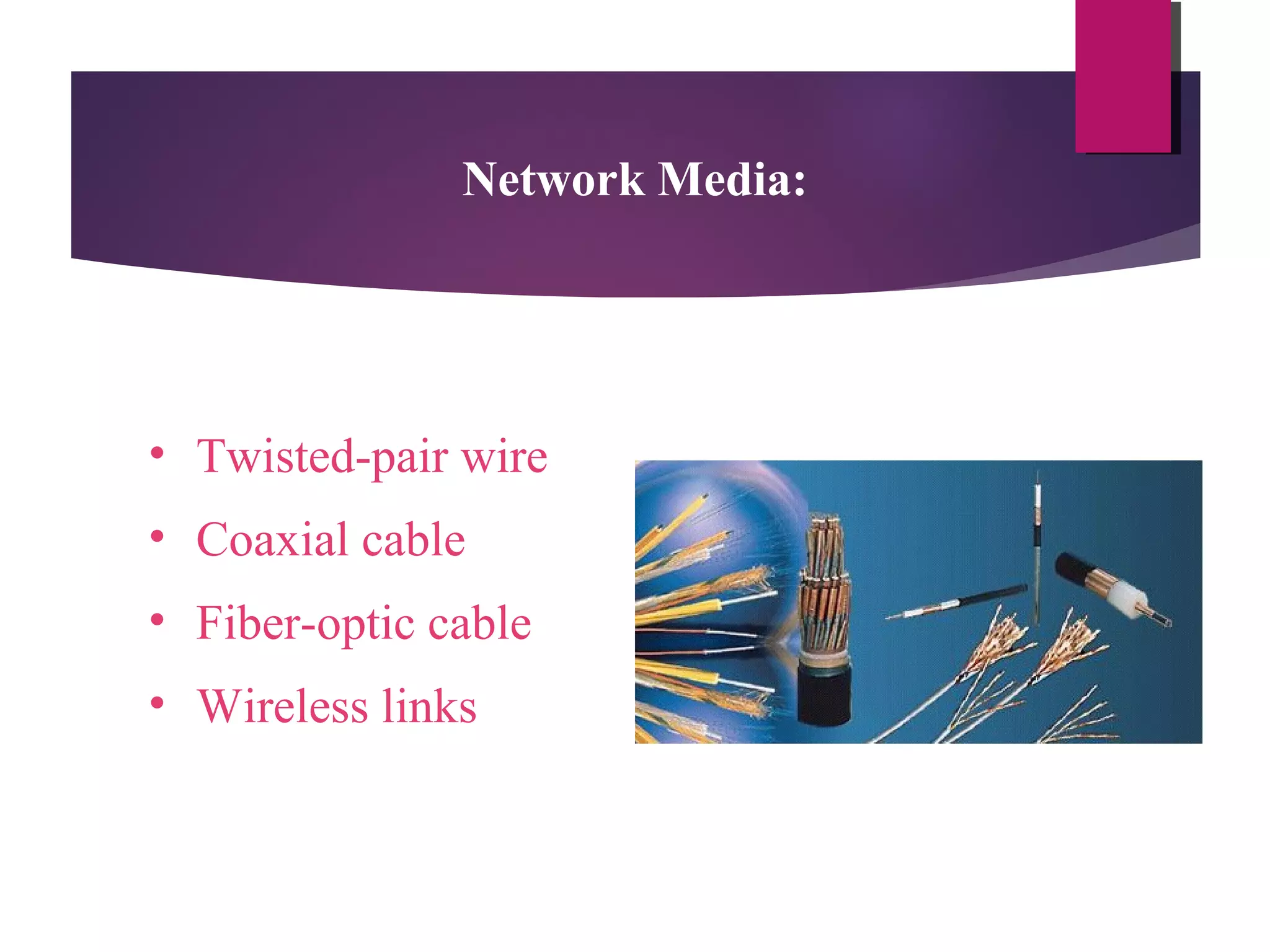 Network Media:

• Twisted-pair wire
• Coaxial cable
• Fiber-optic cable
• Wireless links

 