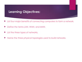 Learning Objectives:


List four major benefits of connecting computers to form a network.



Define the terms LAN, WAN, and MAN.



List the three types of networks.



Name the three physical topologies used to build networks.

 