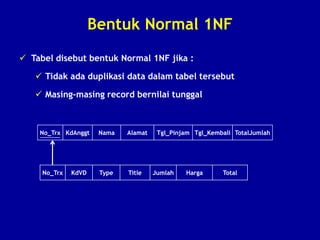 Bentuk Normal 1NF
 Tabel disebut bentuk Normal 1NF jika :
 Tidak ada duplikasi data dalam tabel tersebut
 Masing-masing record bernilai tunggal
No_Trx KdAnggt Nama Alamat Tgl_Pinjam Tgl_Kembali TotalJumlah
No_Trx KdVD Type Title Jumlah Harga Total
 