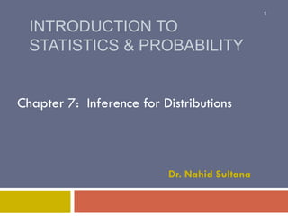 INTRODUCTION TO
STATISTICS & PROBABILITY
Chapter 7: Inference for Distributions
Dr. Nahid Sultana
1
 