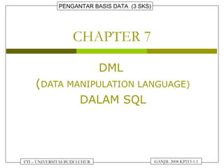 PENGANTAR BASIS DATA (3 SKS)
GANJIL 2008 KP213-1.1FTI – UNIVERSITAS BUDI LUHUR
CHAPTER 7
DML
(DATA MANIPULATION LANGUAGE)
DALAM SQL
 