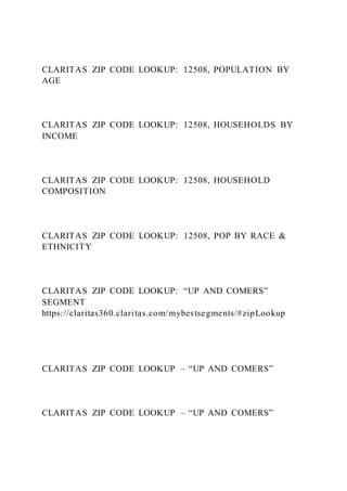 CLARITAS ZIP CODE LOOKUP: 12508, POPULATION BY
AGE
CLARITAS ZIP CODE LOOKUP: 12508, HOUSEHOLDS BY
INCOME
CLARITAS ZIP CODE LOOKUP: 12508, HOUSEHOLD
COMPOSITION
CLARITAS ZIP CODE LOOKUP: 12508, POP BY RACE &
ETHNICITY
CLARITAS ZIP CODE LOOKUP: “UP AND COMERS”
SEGMENT
https://claritas360.claritas.com/mybestsegments/#zipLookup
CLARITAS ZIP CODE LOOKUP – “UP AND COMERS”
CLARITAS ZIP CODE LOOKUP – “UP AND COMERS”
 