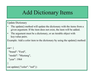 About Python Dictionaries, Methods, Example Programs, Excersises | PDF