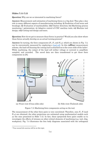 7.4
Slides 7.11-7.13
Question: Why are we so interested in machining forces?
Answer: Measurement and estimation of machining forces is a big deal. They play a key
role in many different aspects of manufacturing including: i) Prediction of tool wear and
breakage; ii) Evaluation of machinability; iii) Chatter detection; iv) Machining process
monitoring / optimization; v) Adaptive control of CNC machine tools; vi) Machine tool
design; vii) Cutting tool design and more.
Question: How do we get to measure these forces in practice? Would you also show where
these forces actually develop on an actual turning process?
Answer: In turning, the force components (Fc, Ft, and Frad), which are shown in Fig. 7.3,
can be conveniently measured by employing a load cell. In this (offline) measurement
scheme, the load cell housing the cutting tool is attached on to the cross-slide of the lathe2.
While machining, the output of the load cell (either voltage or current) is amplified,
sampled, and recorded. The saved data are then transformed to get these force
components in [N].
f
d
Tool
Fc
Ft
d
Tool Workpiece
N
Frad
Fc
(a) Front-view (Cross-slide side) (b) Side-view (Tailstock side)
Figure 7.3: Machining force components acting on the tool.
The measurement of the other force pairs is very convoluted. Therefore, once Fc, Ft (and
Frad) are obtained, the other projections are estimated using mathematical models such
as the ones presented in Slide 7.12. In fact, these (projected) force pairs enable us to
investigate the effects of stresses on other critical elements of machining (e.g. tool, chip,
workpiece). Fig. 7.4 illustrates the free body diagrams associated with the orthogonal
2 Your second lab exercise will be on this topic.
 