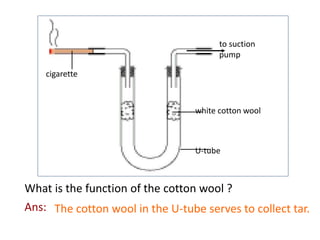 to suction 
pump 
white cotton wool 
U-tube 
cigarette 
What is the function of the cotton wool ? 
The c Ans: otton wool in the U-tube serves to collect tar. 
 