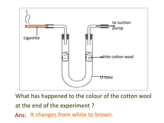 to suction 
pump 
white cotton wool 
U-tube 
cigarette 
What has happened to the colour of the cotton wool 
at the end of the experiment ? 
Ans: It changes from white to brown. 
 
