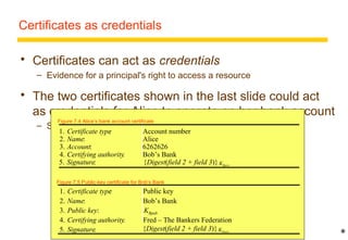 Certificates as credentials 
 Certificates can act as credentials 
– Evidence for a principal's right to access a resource 
 The two certificates shown in the last slide could act 
as credentials for Alice to operate on her bank account 
Figure 7.4 Alice’s bank account certificate 
– She would need to add her public key certificate 
1. Certificate type: Account number 
2. Name: Alice 
3. Account: 6262626 
4. Certifying authority: Bob’s Bank 
5. Signature: {Digest(field 2 + field 3)} KBpriv 
16 
* 
Figure 7.5 Public-key certificate for Bob's Bank 
1. Certificate type: Public key 
2. Name: Bob’s Bank 
3. Public key: KBpub 
4. Certifying authority: Fred – The Bankers Federation 
5. Signature: {Digest(field 2 + field 3)} KFpriv 
 