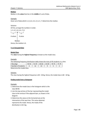 Additional Mathematics Module Form 4
Chapter 7- Statistics SMK Agama Arau, Perlis
Page | 80
Median
Median is the value that lies in the middle of a set of data.
Example:
Given set of data which is 1, 8, 6, 4, 6, 3, 6, 5, 7. Determine the median.
Solution:
At first, arrange the numbers in order.
1, 3, 4, 5, 6, 6, 6, 7, 8.
4 values 4 value
Median
Hence, the median is 6.
7.1.2 Grouped Data
Modal Class
The class having the highest frequency is known as the modal class.
Example:
The following frequency distribution table shows the mass of 45 students in a class.
Mass(kg) 50-54 55-59 60-64 65-69 70-74 75-79
Number of students 4 12 13 9 5 2
Determine the modal class.
Solution:
The class having the highest frequency is 60 – 64 kg. Hence, the modal class is 60 – 64 kg.
Finding mode from a histogram
Example:
1. Determine the modal class in the histogram which is the
class 60-69.
2. Join the top vertices of the bar representing the modal
class to the vertices if the adjacent bars, as shown in the
diagram.
3. Determine the value on the horizontal axis at the
intersection of the two lines. This value obtained
represents the mode. Hence, the mode of the
distribution is 63.5 kg.
 